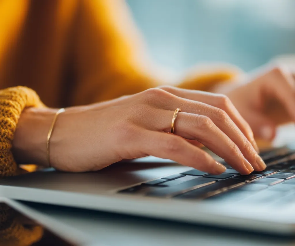 Person's hands typing on a computer keyboard.