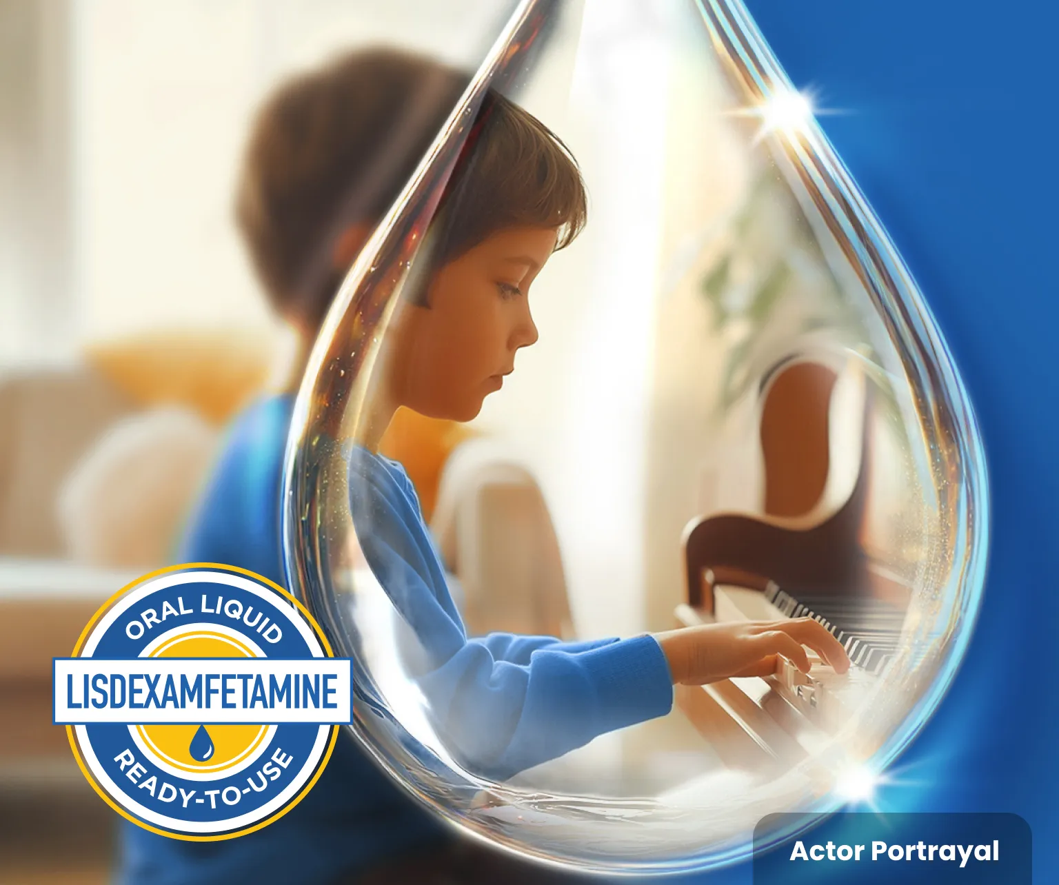 Boy in a blue shirt playing a piano, outlined with a drop shape. Logo in corner saying Oral Liquid Lisdexamfetamine Ready-to-Use.