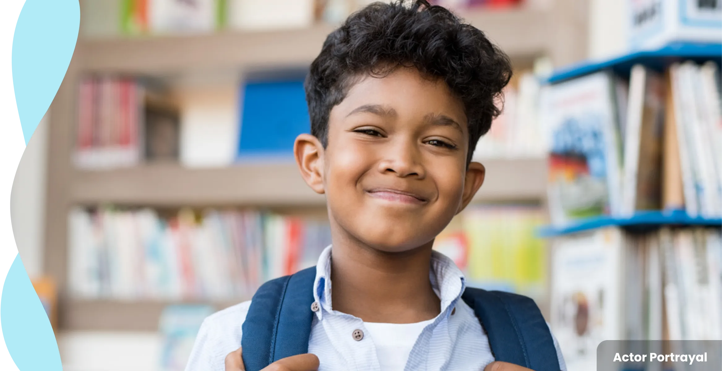 A smiling boy with a backpack, standing in front of a bookshelf. Actor Portrayal.